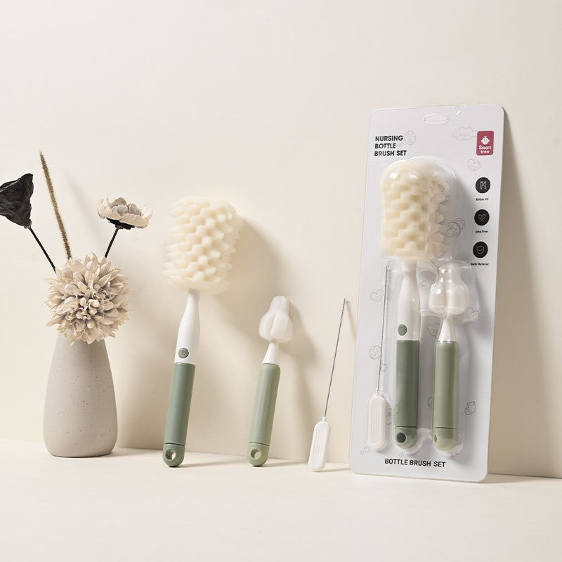 Set Perii pentru Spalat Biberoane, Tetine si Paie, Curatare 360 Grade, Maner Ergonomic, Burete si Polipropilena fara BPA, Verde, 3 Piese