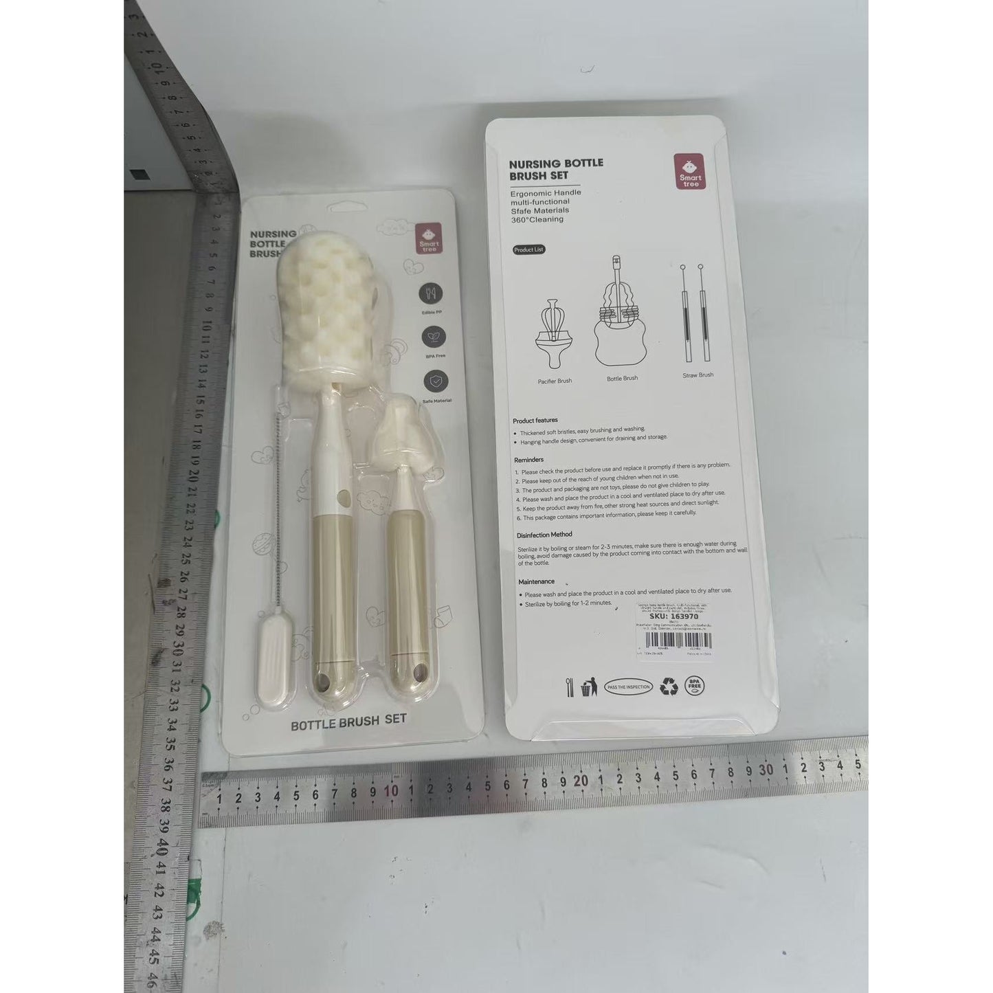 Set Perii de Spalat Biberoane, Tetine si Paie, Curatare 360 Grade, Maner Ergonomic, Polipropilena si Burete, Fara BPA, Bej, 3 Piese