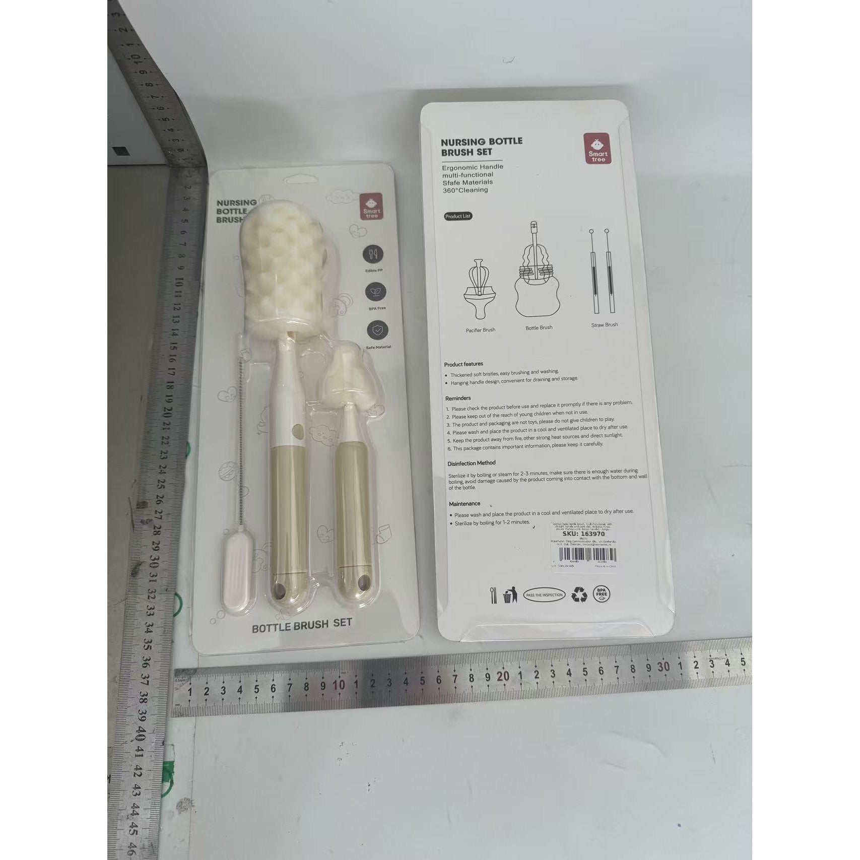 Set Perii de Spalat Biberoane, Tetine si Paie, Curatare 360 Grade, Maner Ergonomic, Polipropilena si Burete, Fara BPA, Bej, 3 Piese