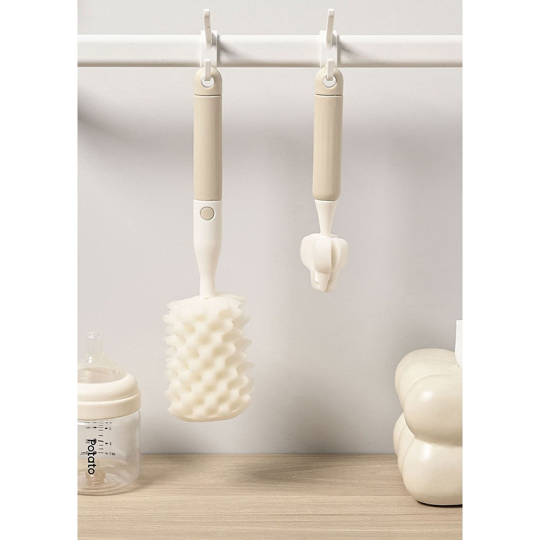 Set Perii de Spalat Biberoane, Tetine si Paie, Curatare 360 Grade, Maner Ergonomic, Polipropilena si Burete, Fara BPA, Bej, 3 Piese