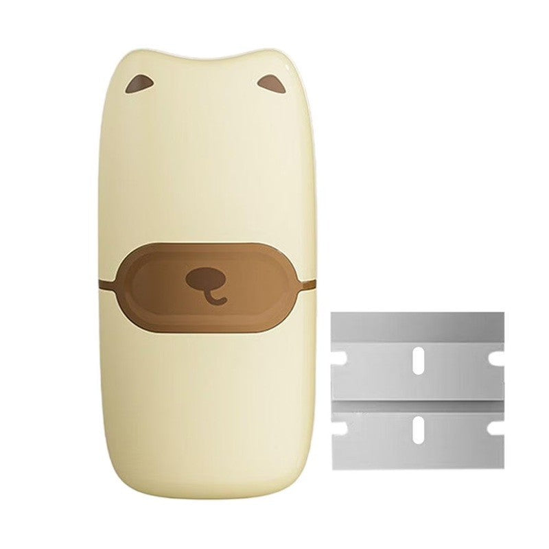 Mini Racletă de Curățare pentru Etichete și Adezivi, Instrument Răzuire cu Mâner Ergonomic, ABS și Metal, 2 Lame Metalice Incluse, 10 x 4.8 cm, Maro