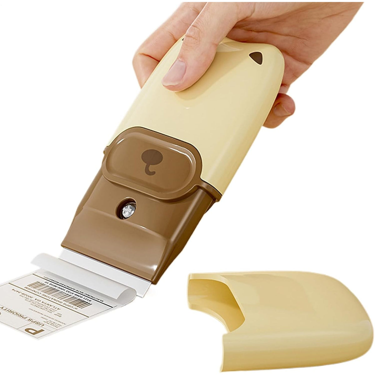 Mini Racletă de Curățare pentru Etichete și Adezivi, Instrument Răzuire cu Mâner Ergonomic, ABS și Metal, 2 Lame Metalice Incluse, 10 x 4.8 cm, Maro