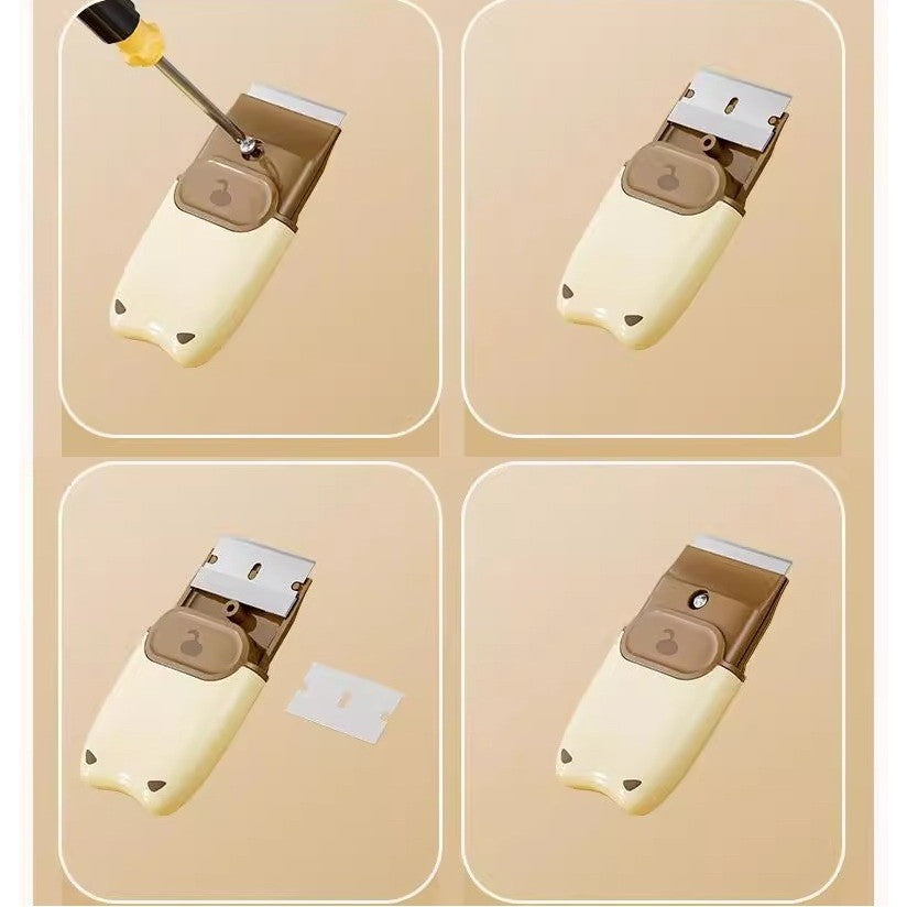 Mini Racletă de Curățare pentru Etichete și Adezivi, Instrument Răzuire cu Mâner Ergonomic, ABS și Metal, 2 Lame Metalice Incluse, 10 x 4.8 cm, Maro
