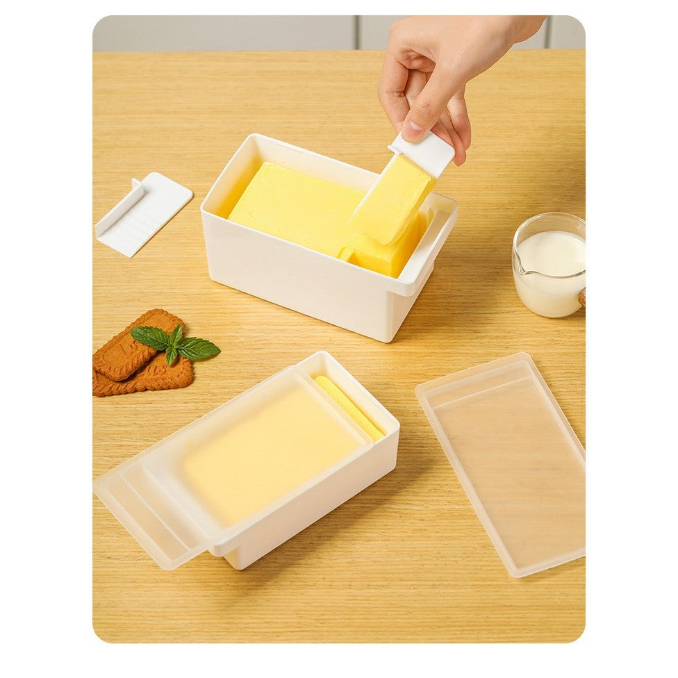 Cutie Pentru Unt Cu Capac Si Spatula Pentru Portionare, Recipient Depozitare Multifunctional, Plastic PP Alimentar, 15.9 x 8.8 x 4.9 cm, Alb