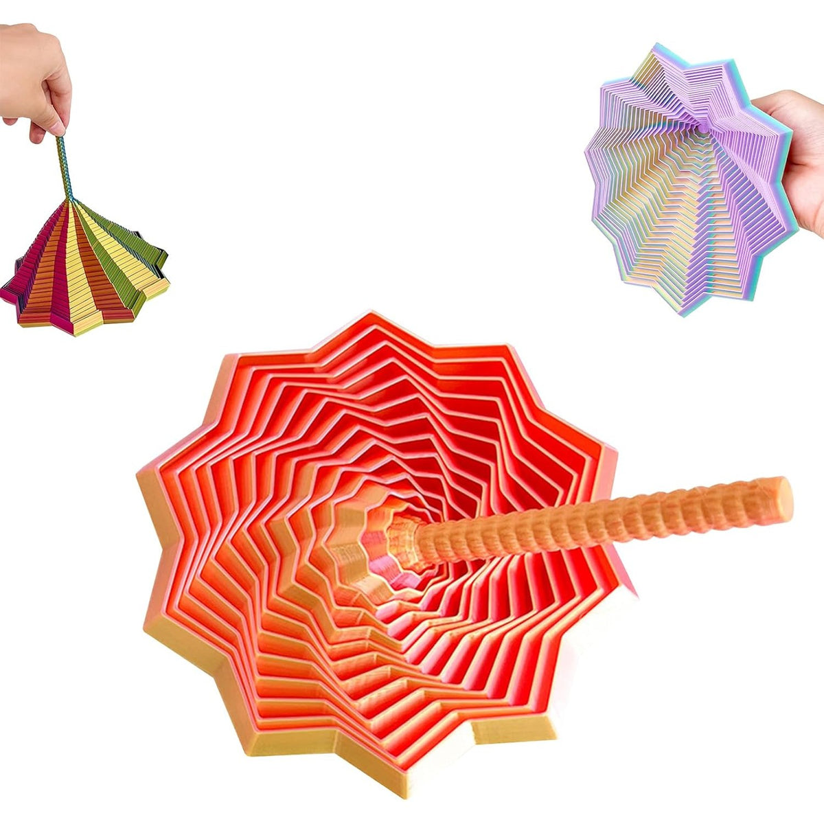Jucarie Decompresie Anti-stress, Stea 3D Geometrica cu Maner Spirala si Structura Extensibila, Material PLA Imprimat 3D, Efect DuoChrome, 17 cm, Roz/Auriu
