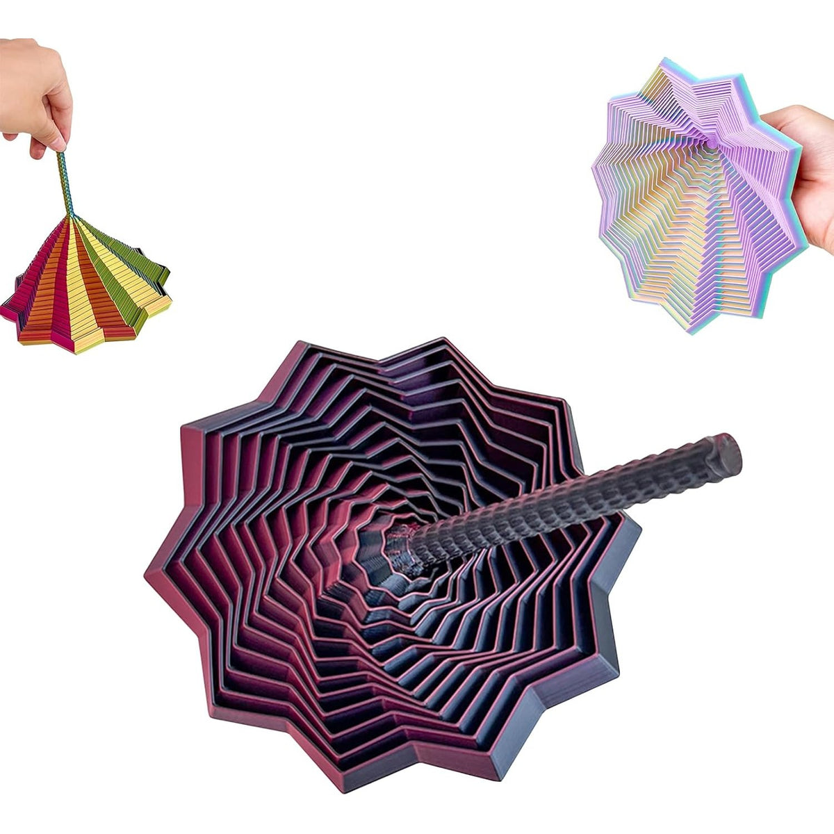 Jucarie Decompresie Anti-Stress, Stea 3D Geometrica cu Efect DuoChrome, Turn Magic Extensibil cu Maner Spirala, Material PLA, 17 cm, Negru/Rosu