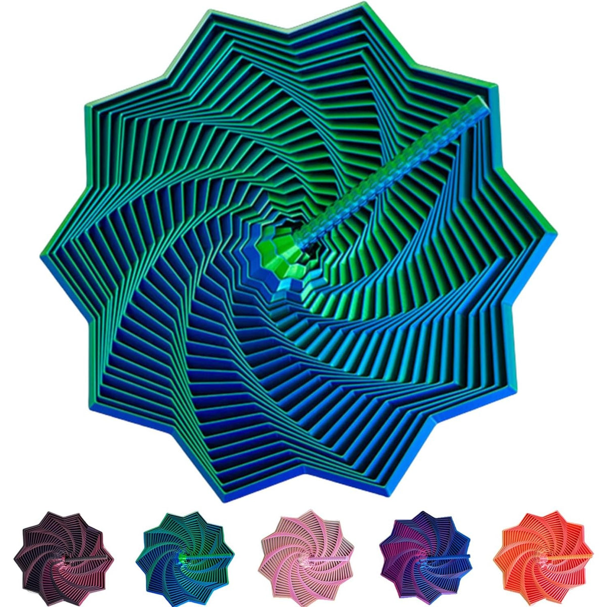 Jucarie Decompresie Anti-Stress, Stea 3D Geometrica cu Maner Spirala, Turn Magic Extensibil si Rotativ, Tehnologie Imprimare 3D, Material PLA, 11 cm, Verde/Albastru DuoChrome