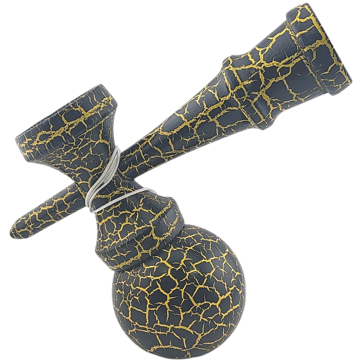 Kendama X Originala Berbis – Jucarie Interactiva din Lemn, 18 cm, Joc de Indemanare pentru Copii si Adulti, Design Cracked Negru-Galben