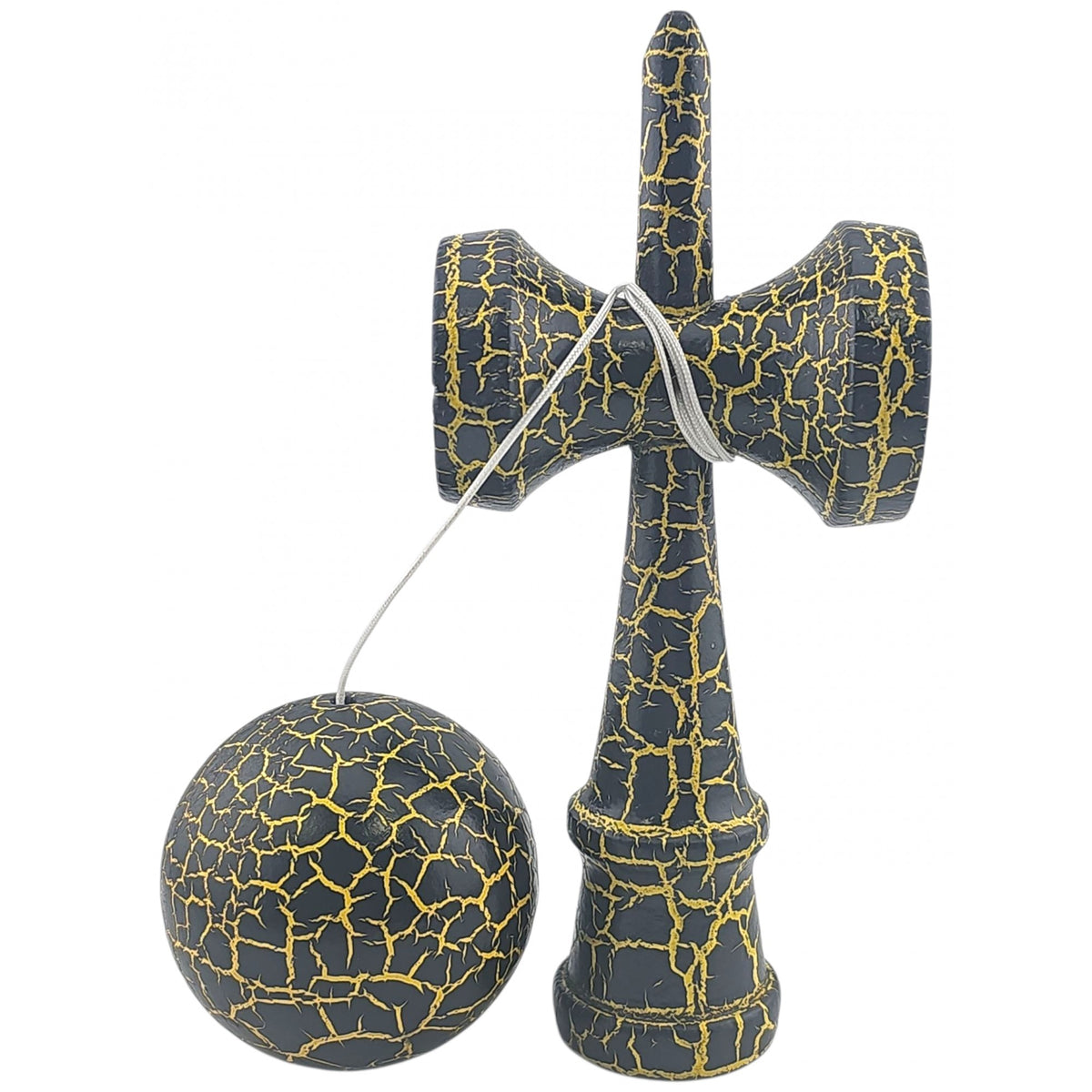 Kendama X Originala Berbis – Jucarie Interactiva din Lemn, 18 cm, Joc de Indemanare pentru Copii si Adulti, Design Cracked Negru-Galben