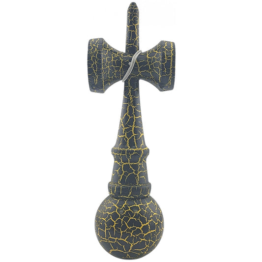 Kendama X Originala Berbis – Jucarie Interactiva din Lemn, 18 cm, Joc de Indemanare pentru Copii si Adulti, Design Cracked Negru-Galben