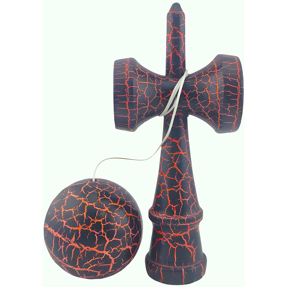 Kendama X Originala Berbis – Jucarie Interactiva din Lemn, 18 cm, Joc de Indemanare pentru Copii si Adulti, Design Cracked Negru-Portocaliu