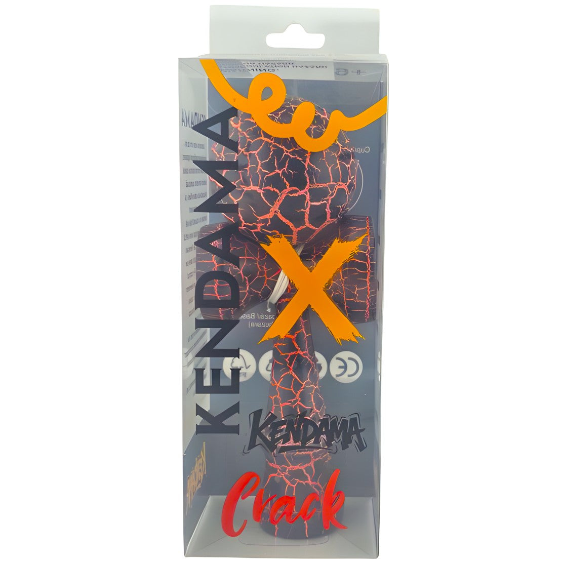 Kendama X Originala Berbis – Jucarie Interactiva din Lemn, 18 cm, Joc de Indemanare pentru Copii si Adulti, Design Cracked Negru-Portocaliu