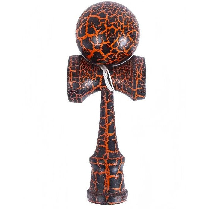 Kendama X Originala Berbis – Jucarie Interactiva din Lemn, 18 cm, Joc de Indemanare pentru Copii si Adulti, Design Cracked Negru-Portocaliu