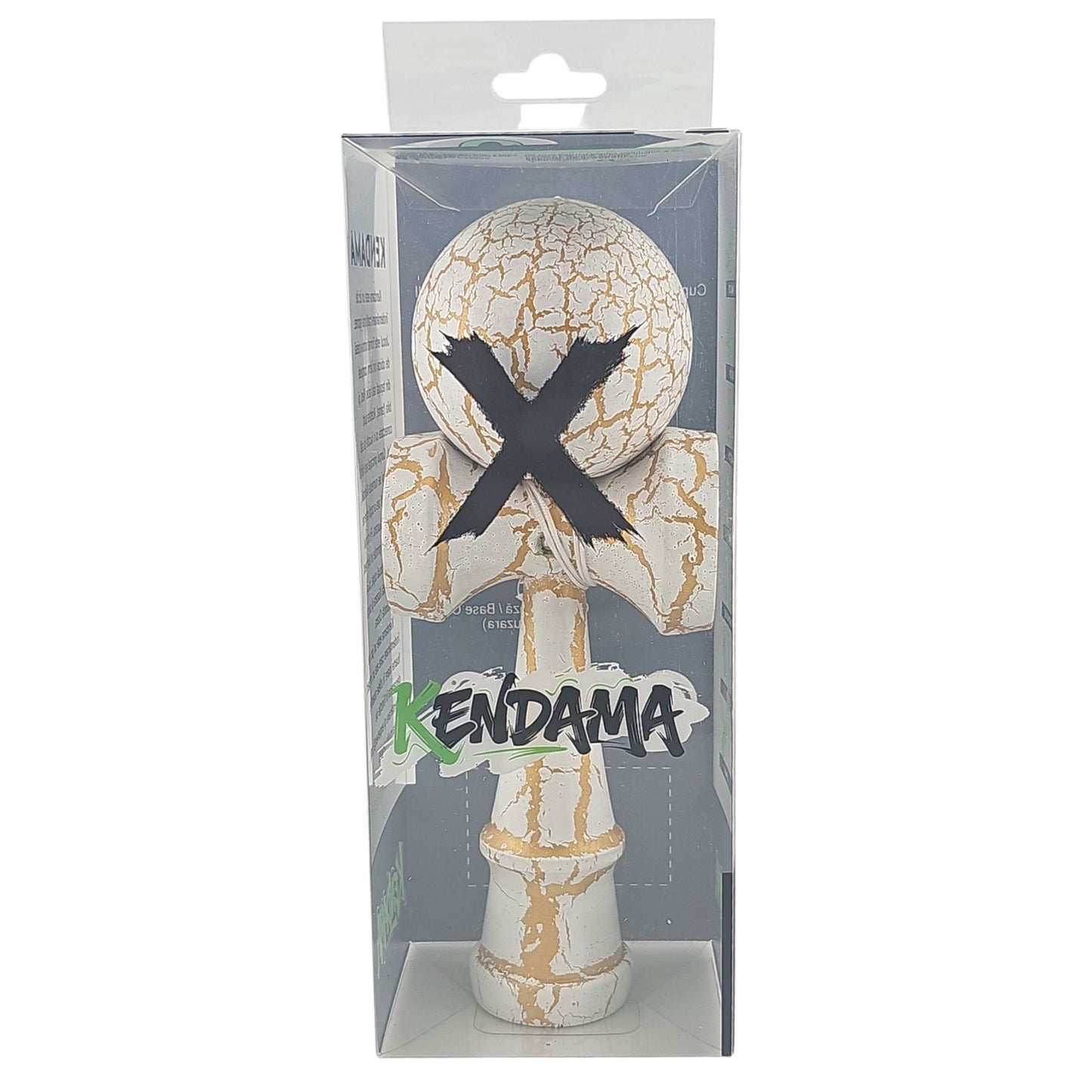 Kendama X Originala Berbis – Jucarie Interactiva din Lemn, 18 cm, Joc de Indemanare pentru Copii si Adulti, Design Cracked Alb-Galben