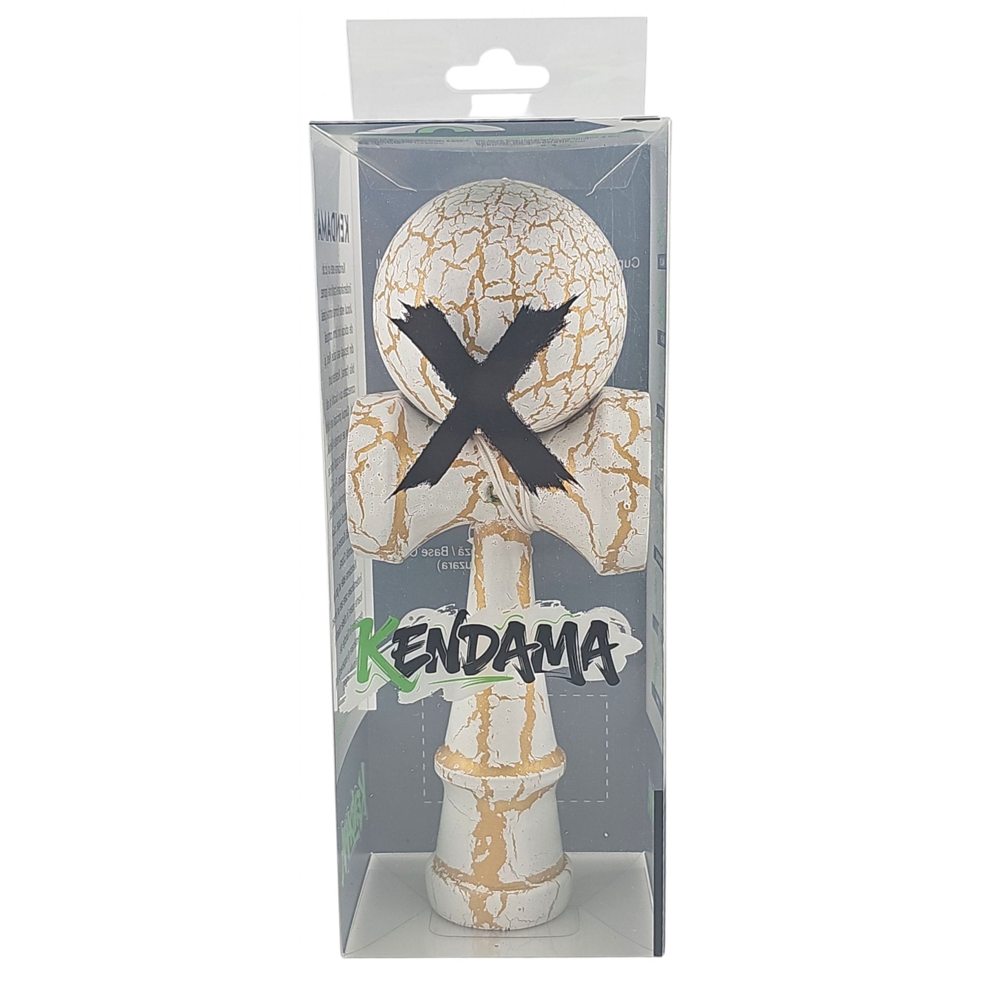Kendama X Originala Berbis – Jucarie Interactiva din Lemn, 18 cm, Joc de Indemanare pentru Copii si Adulti, Design Cracked Alb-Galben