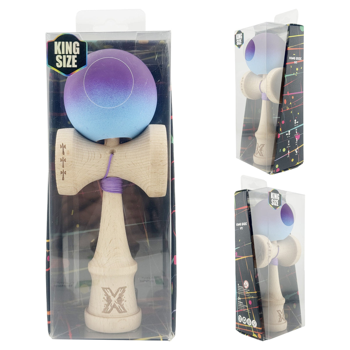Kendama X Originala, Model Violet / Albastru in Degrade, Profesionala, Cupe Mari, Rubber Grip, Rulment, Ata 55cm