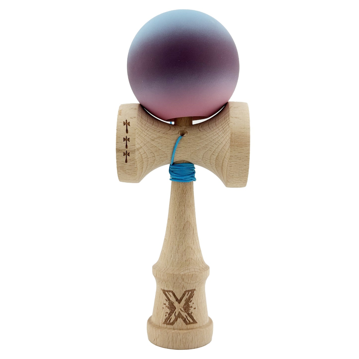Kendama X Originala, Model Albastru / Mov / Roz in Degrade, Profesionala, Cupe Mari, Rubber Grip, Rulment, Ata 55cm