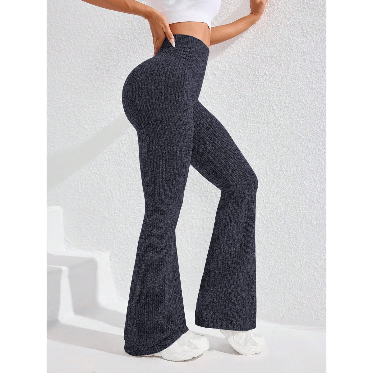 Pantaloni Sport Damă pentru Yoga și Fitness, Talie Înaltă fără Cusături, Croială Evazată, Material Tricotat Elastic din Nylon și Spandex, Albastru Marin, Mărime XL