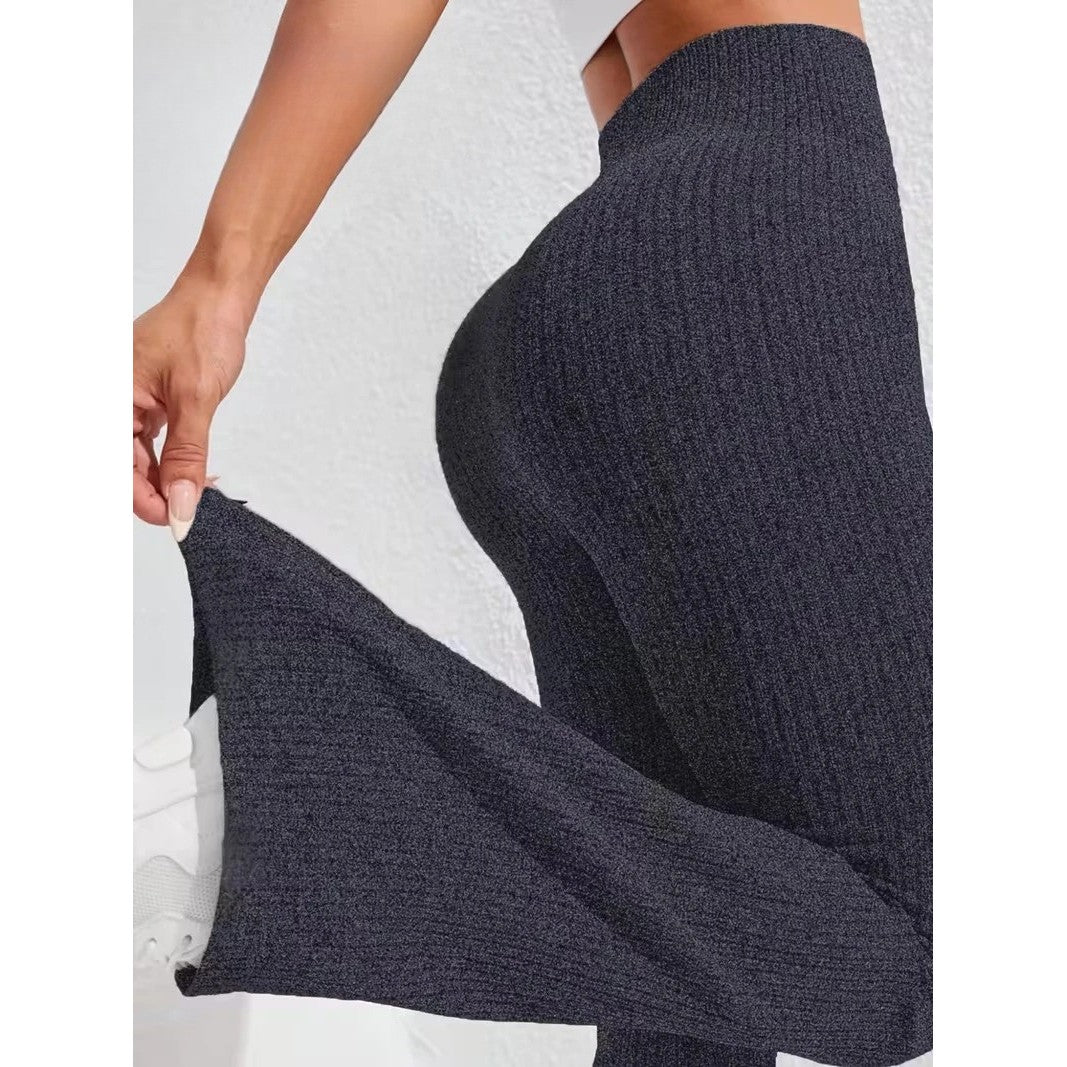 Pantaloni Sport Dama Pentru Yoga si Fitness, Talie Inalta Fara Cusaturi, Croiala Evazata, Material Tricotat Elastic, Albastru Marin, Marime L