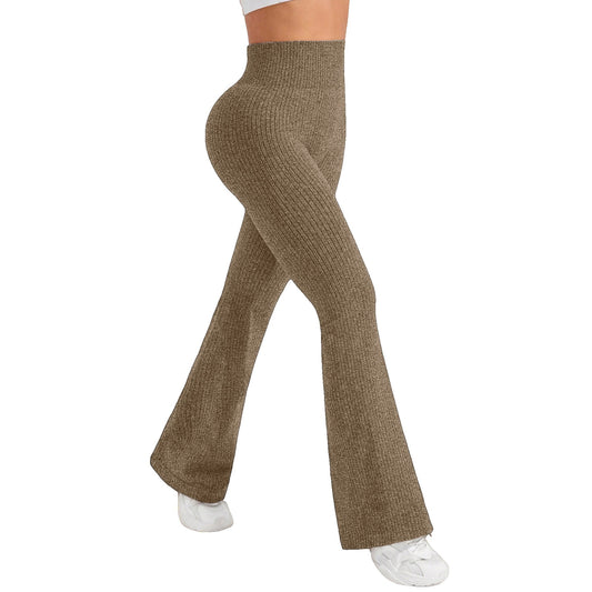 Pantaloni Sport Dama pentru Yoga si Fitness, Talie Inalta fara Cusaturi, Stil Evazat, Material Tricotat Elastic din Nylon si Spandex, Khaki, Marime M