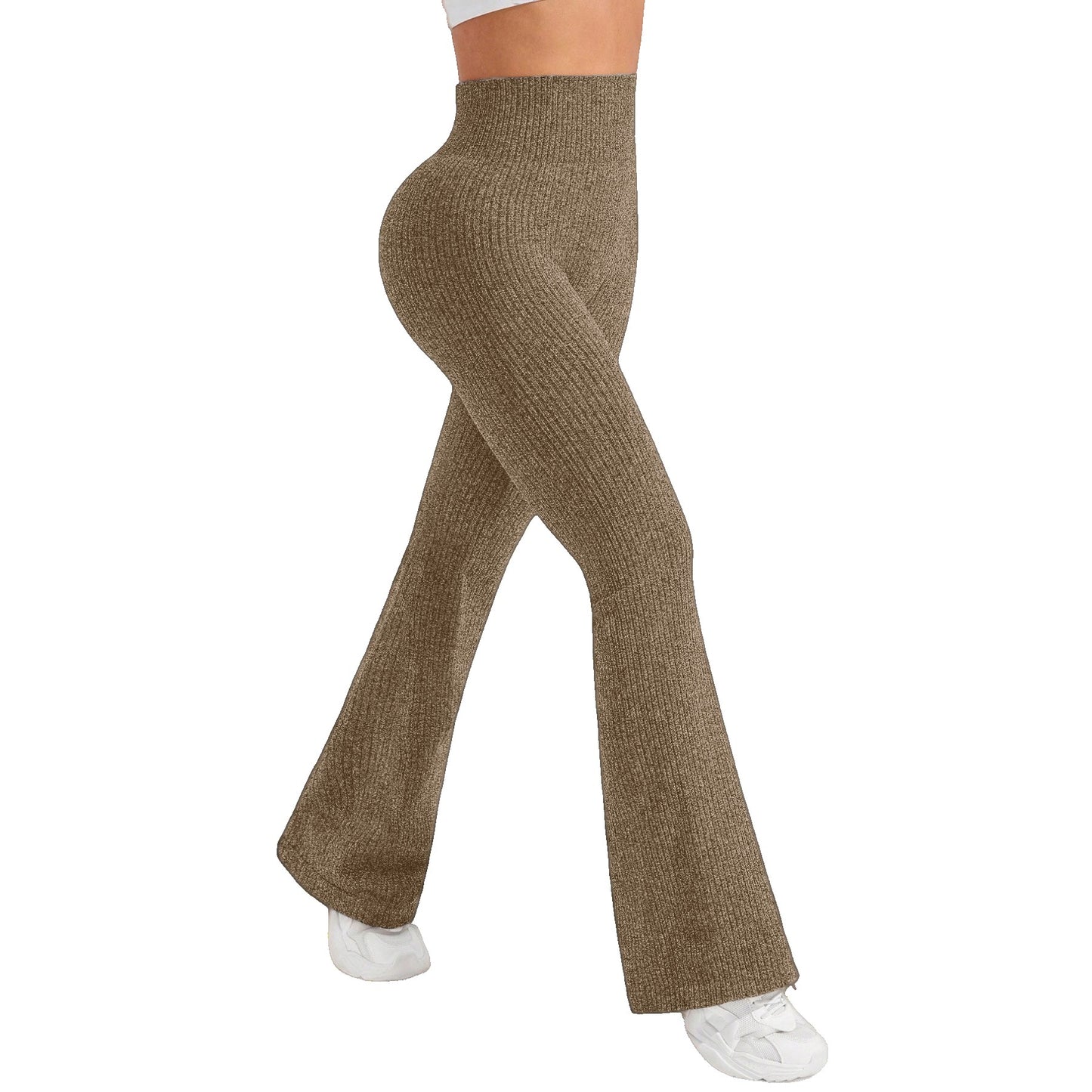 Pantaloni Sport Dama pentru Yoga si Fitness, Talie Inalta fara Cusaturi, Croiala Evazata, Material Tricotat Elastic, Khaki, Marime XL
