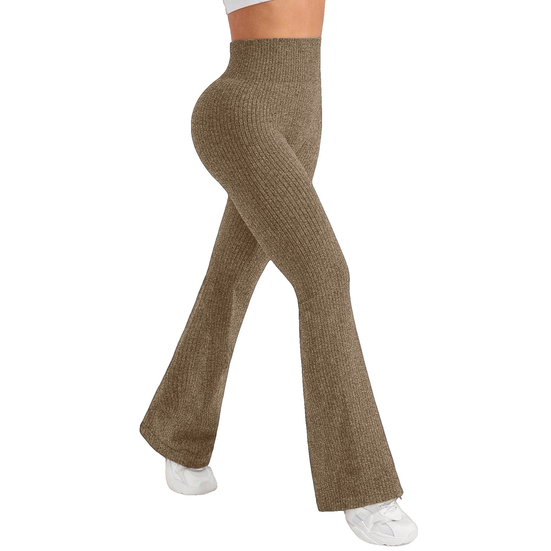 Pantaloni Sport Dama pentru Yoga si Fitness, Talie Inalta fara Cusaturi, Croiala Evazata, Material Tricotat Elastic, Khaki, Marime XL