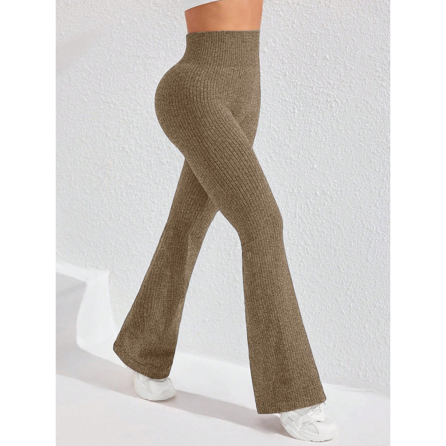 Pantaloni Sport Dama pentru Yoga si Fitness, Talie Inalta Fara Cusaturi, Croiala Evazata, Material Tricotat Elastic, Khaki, Marime L
