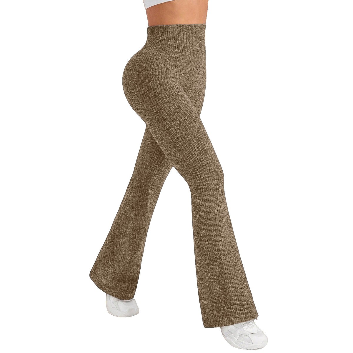 Pantaloni Sport Dama pentru Yoga si Fitness, Talie Inalta Fara Cusaturi, Croiala Evazata, Material Tricotat Elastic, Khaki, Marime L