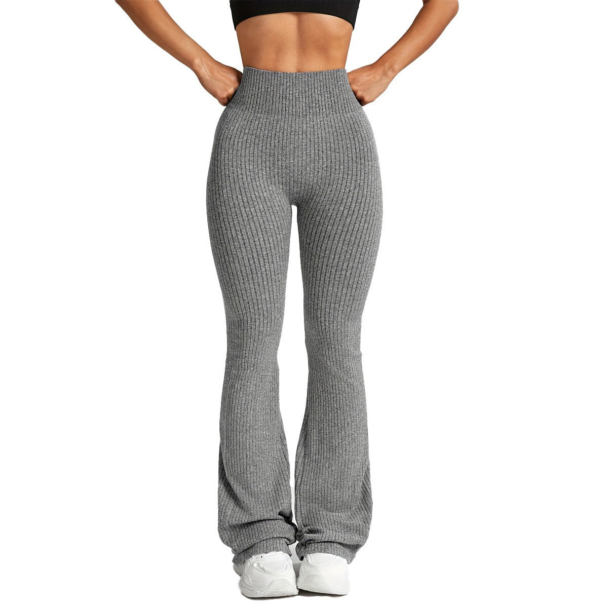 Pantaloni Sport Dama Pentru Yoga si Fitness, Talie Inalta Fara Cusaturi, Croiala Evazata, Material Tricotat Elastic, Gri Deschis, Marime S