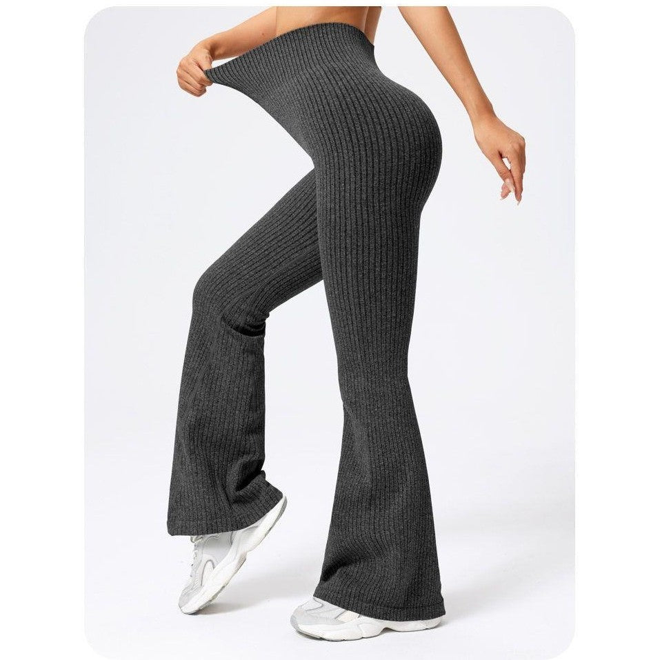 Pantaloni Sport Dama pentru Yoga si Fitness, Talie Inalta fara Cusaturi, Croiala Evazata, Material Tricotat Elastic, Negru, Marime XL