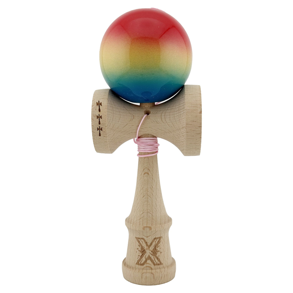 Kendama X Originala, Model Rosu / Galben / Albastru in Degrade, Profesionala, Cupe Mari, Super Sticky, Rulment, Ata 55cm