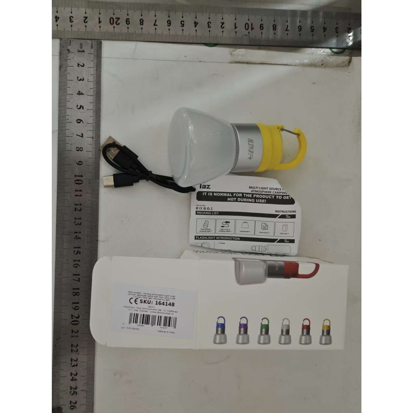 Lampă Portabilă de Camping și Voiaj, Iluminare LED RGB Ambientală, Rezistență la Apă IPX5, Încărcare USB Type-C, Material ABS, 300 mAh, 10 x 5.5 x 5.5 cm, Galben
