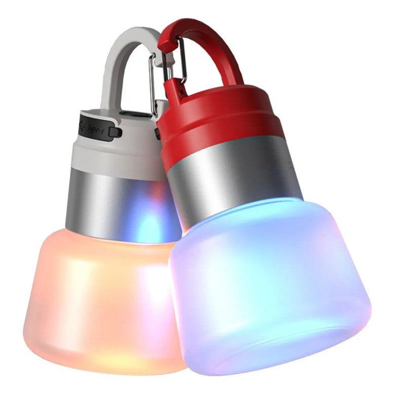 Lampă Portabilă LED RGB pentru Camping și Voiaj, Rezistentă la Apă IPX5, Încărcare USB Type-C, Baterie 300 mAh, Material ABS, 10 x 5.5 x 5.5 cm, Alb