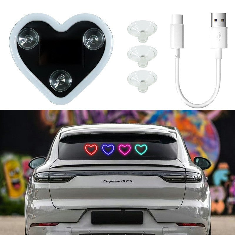 Lumini Auto Ambientale Neon, Model Inima, Incarcare Solara si USB Type-C, Afisaj Baterie, Material ABS cu 3 Ventuze, 9.7 x 8.4 x 1.6 cm, Albastru