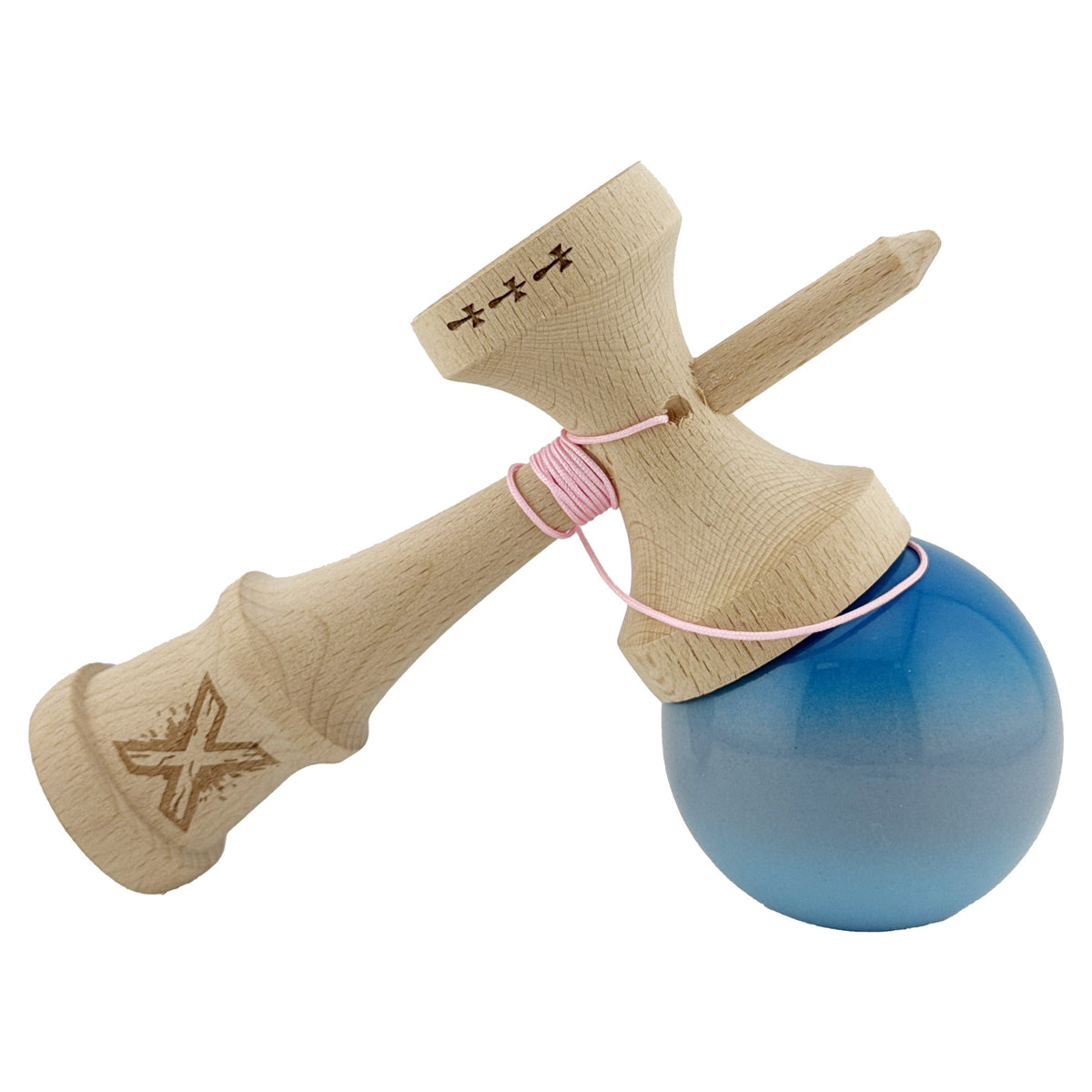 Kendama X Originala, Model Albastru / Gri / Bleu in Degrade, Profesionala, Cupe Mari, Super Sticky, Rulment, Ata 55cm