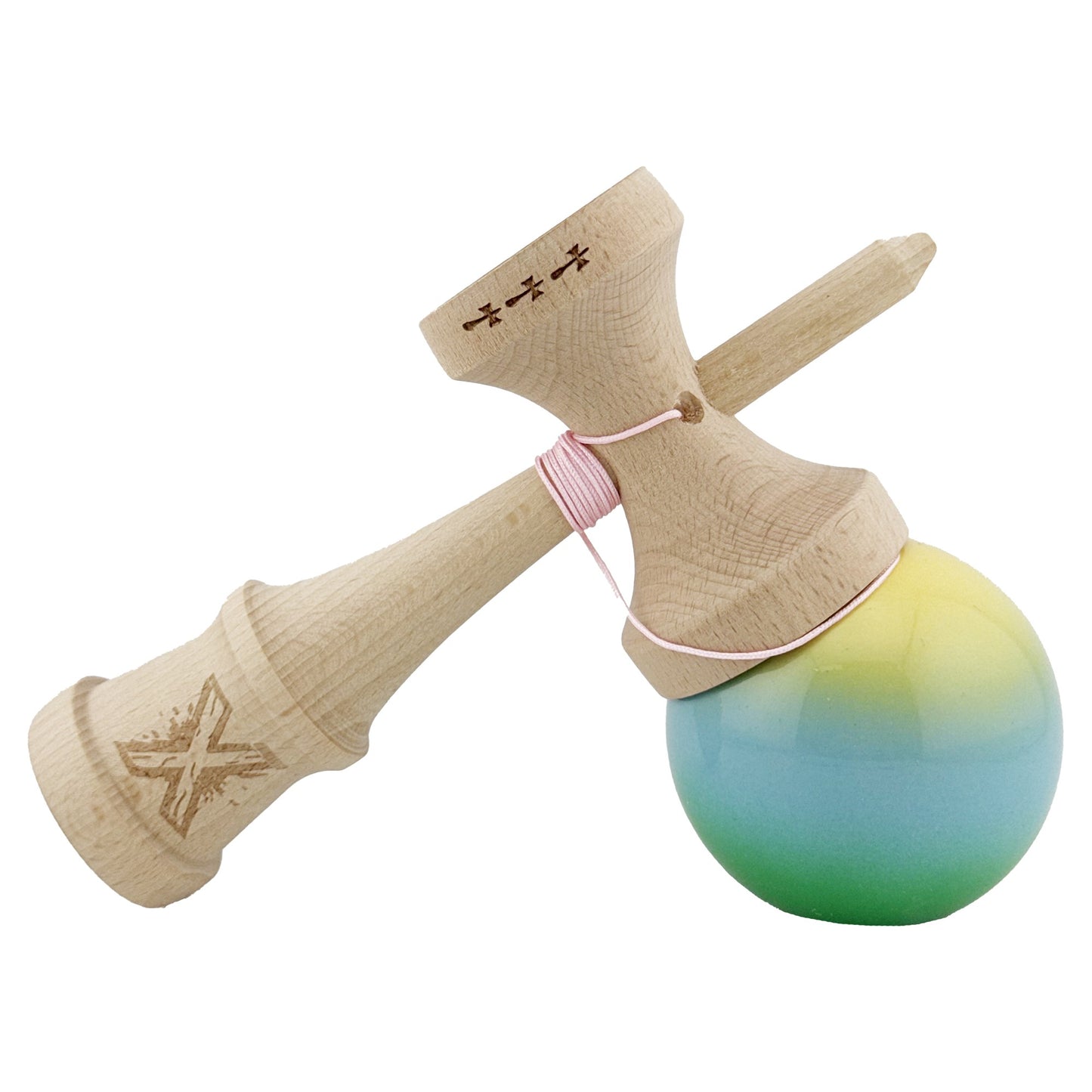 Kendama X Originala, Model Galben / Albastru deschis / Verde in Degrade, Profesionala, Cupe Mari, Super Sticky, Rulment, Ata 55cm
