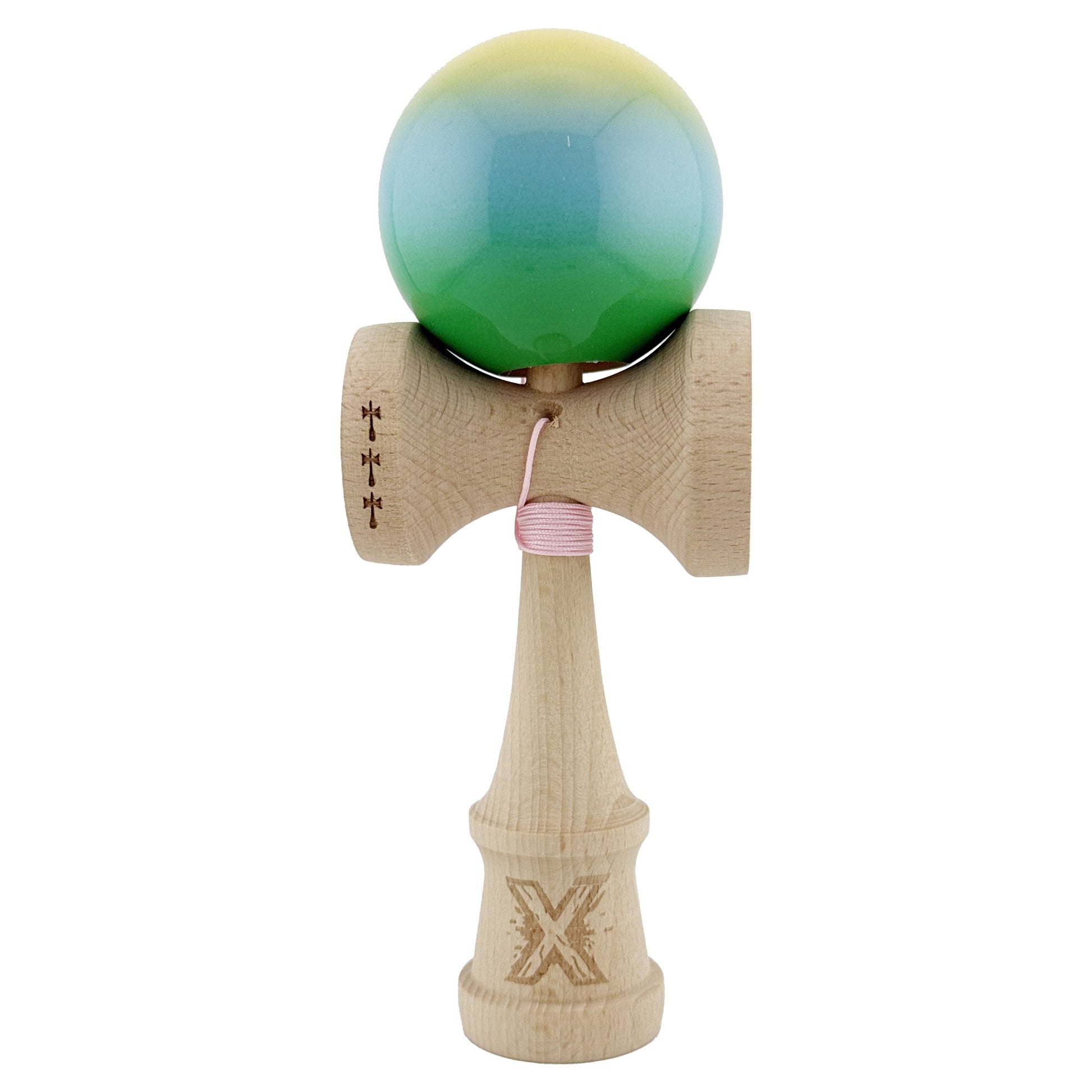 Kendama X Originala, Model Galben / Albastru deschis / Verde in Degrade, Profesionala, Cupe Mari, Super Sticky, Rulment, Ata 55cm