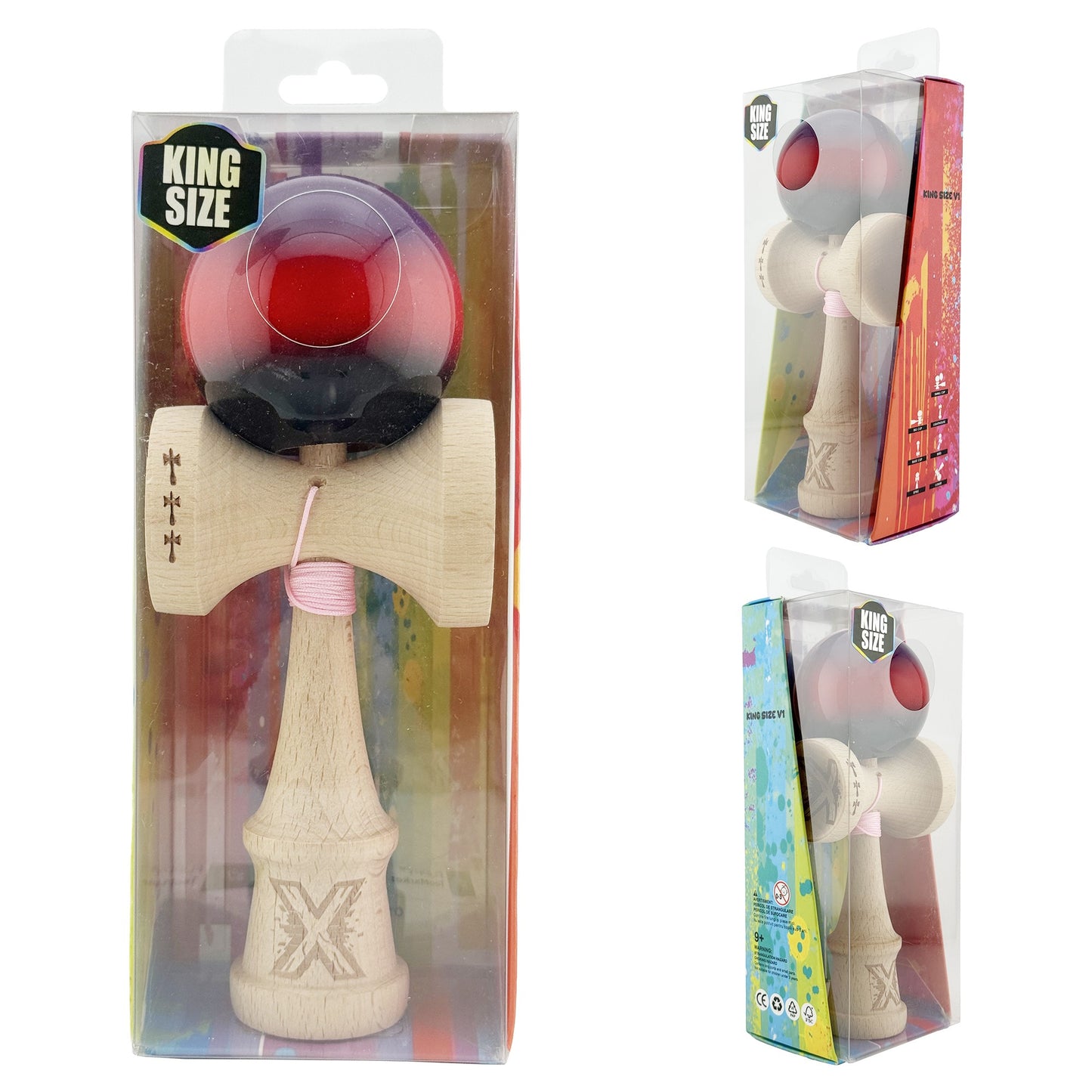 Kendama X Originala, Model Mov / Rosu / Negru in Degrade, Profesionala, Cupe Mari, Super Sticky, Rulment, Ata 55cm