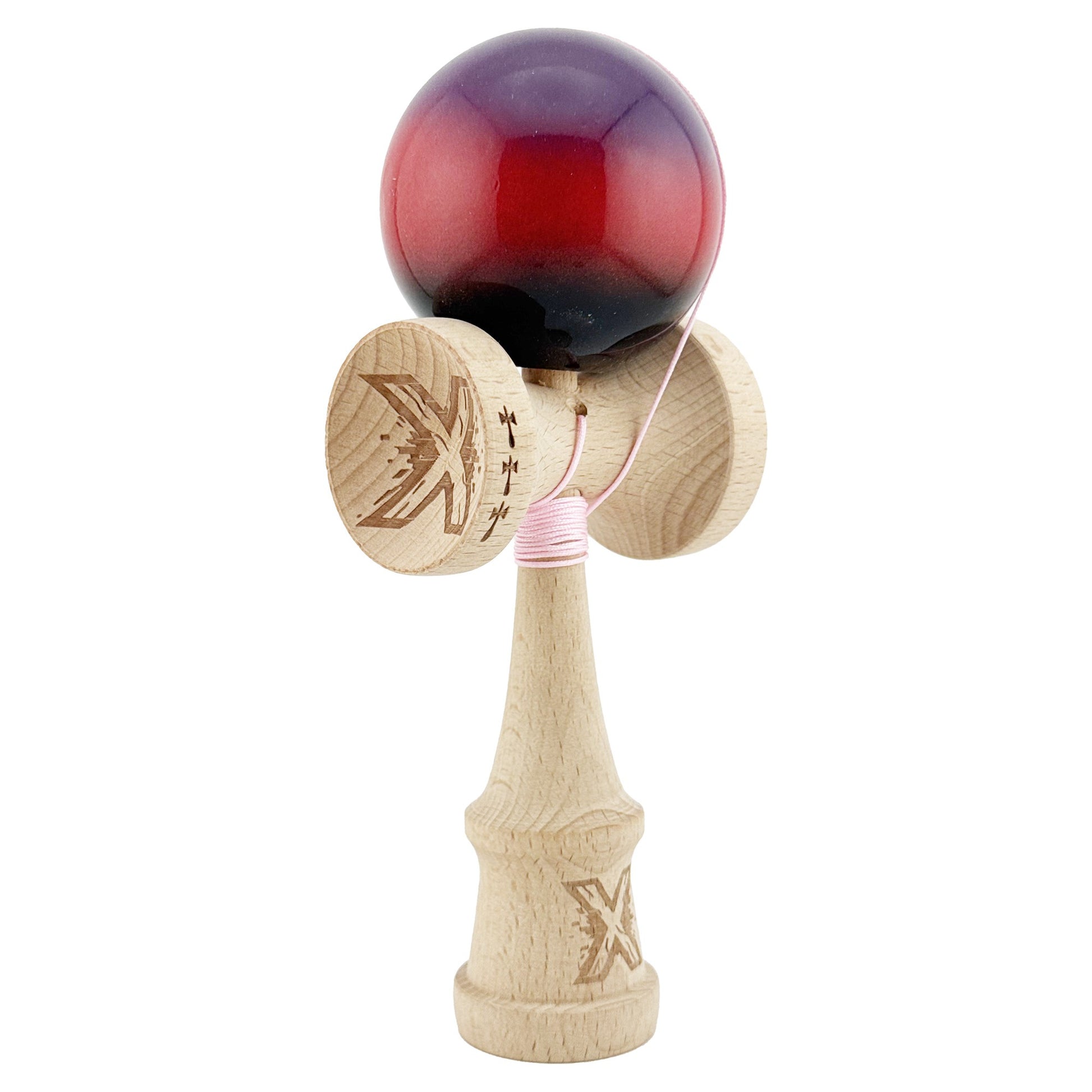 Kendama X Originala, Model Mov / Rosu / Negru in Degrade, Profesionala, Cupe Mari, Super Sticky, Rulment, Ata 55cm