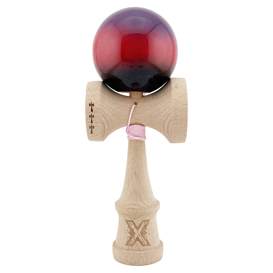 Kendama X Originala, Model Mov / Rosu / Negru in Degrade, Profesionala, Cupe Mari, Super Sticky, Rulment, Ata 55cm