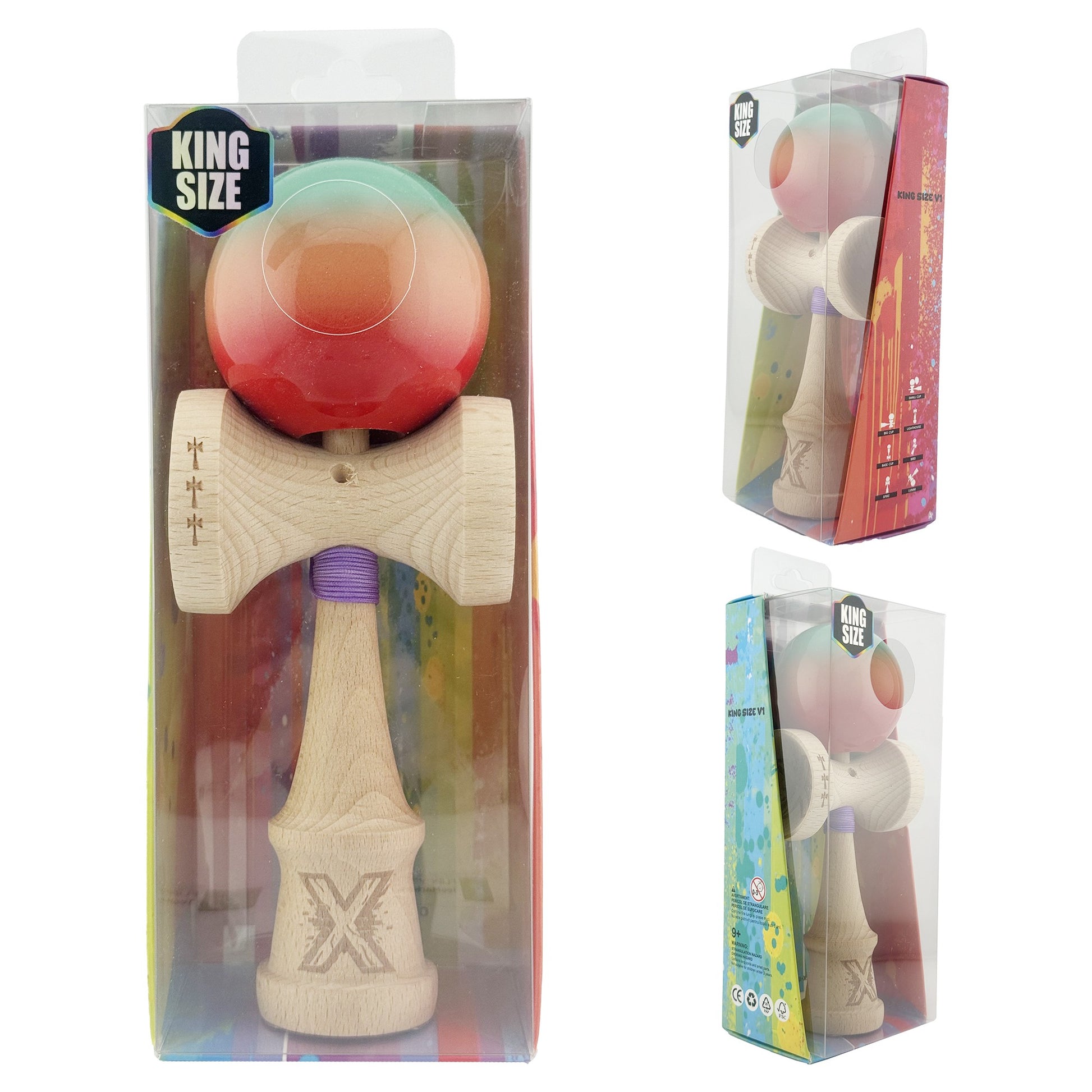 Kendama X Originala, Model Rosu / Verde in Degrade, Profesionala, Cupe Mari, Super Sticky, Rulment, Ata 55cm