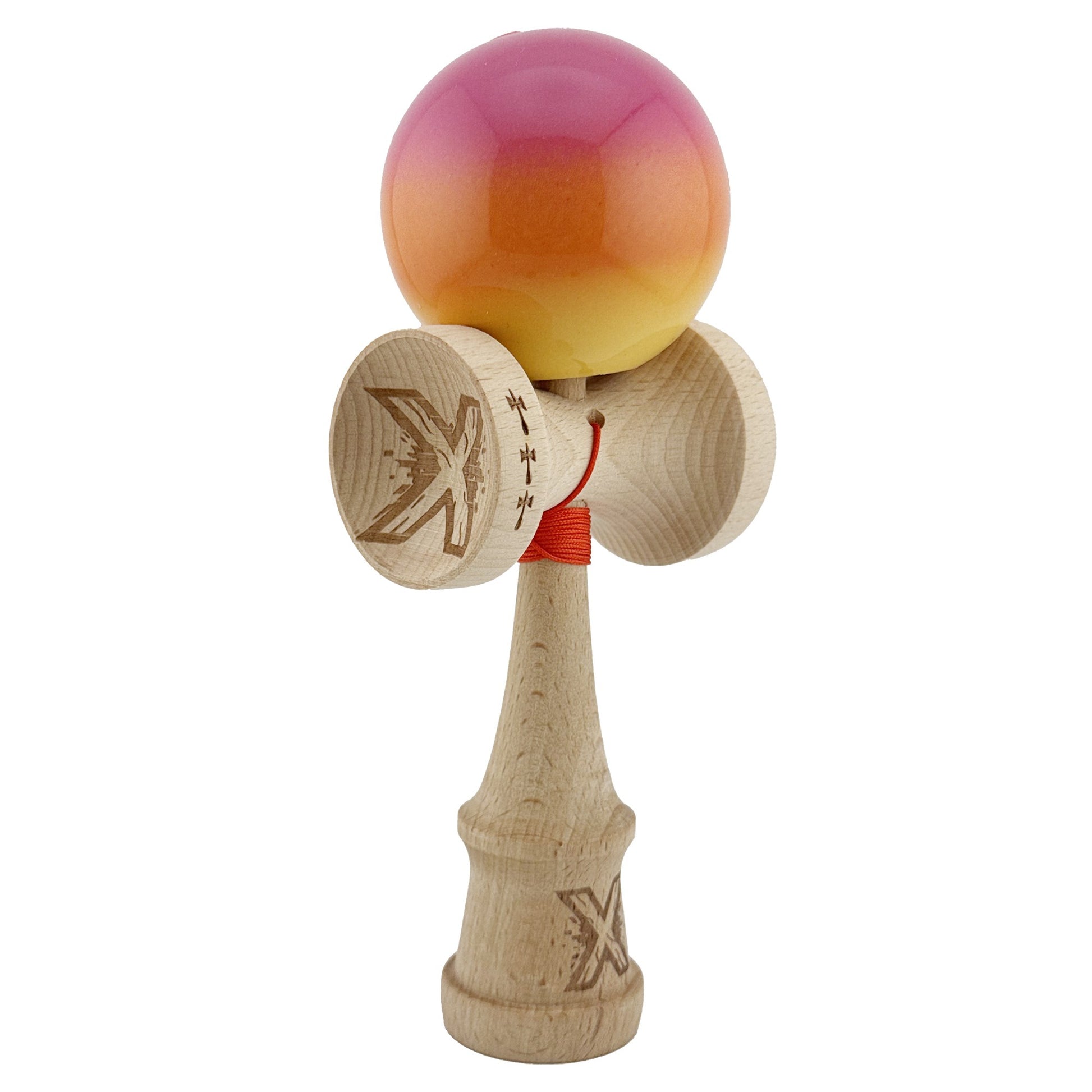 Kendama X Originala, Model Roz / Portocaliu / Galben in Degrade, Profesionala, Cupe Mari, Super Sticky, Rulment, Ata 55cm