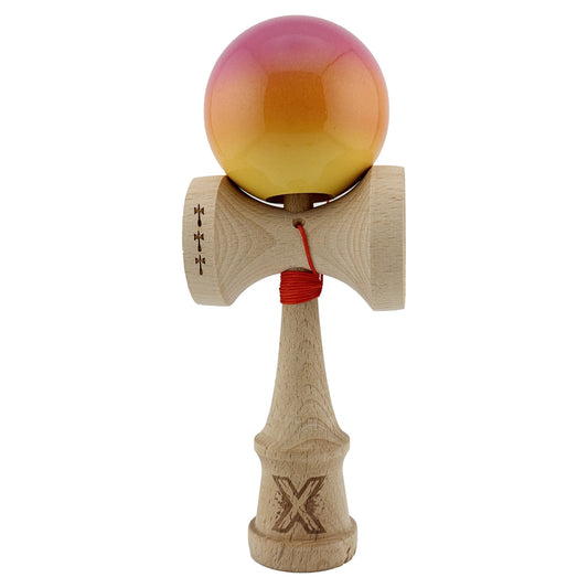 Kendama X Originala, Model Roz / Portocaliu / Galben in Degrade, Profesionala, Cupe Mari, Super Sticky, Rulment, Ata 55cm