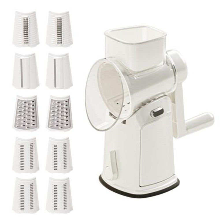 Razatoare Manuala Rotativa, Feliator Multifunctional 5 in 1 cu Manivela, 10 Lame Interschimbabile din Otel Inoxidabil, Baza cu Ventuza si Protectie Anti-Stropire, 27 x 13 x 13 cm, Alb