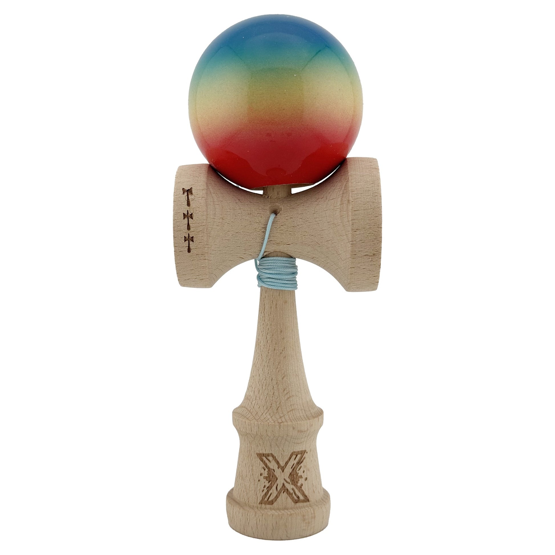 Kendama X Originala, Model Albastru / Galben / Rosu in Degrade, Profesionala, Cupe Mari, Super Sticky, Rulment, Ata 55cm
