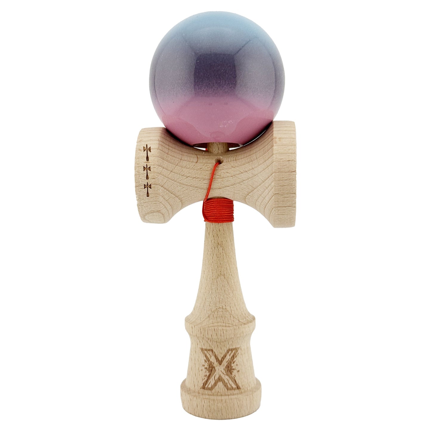 Kendama X Originala, Model Albastru Deschis / Mov / Roz in Degrade, Profesionala, Cupe Mari, Super Sticky, Rulment, Ata 55cm