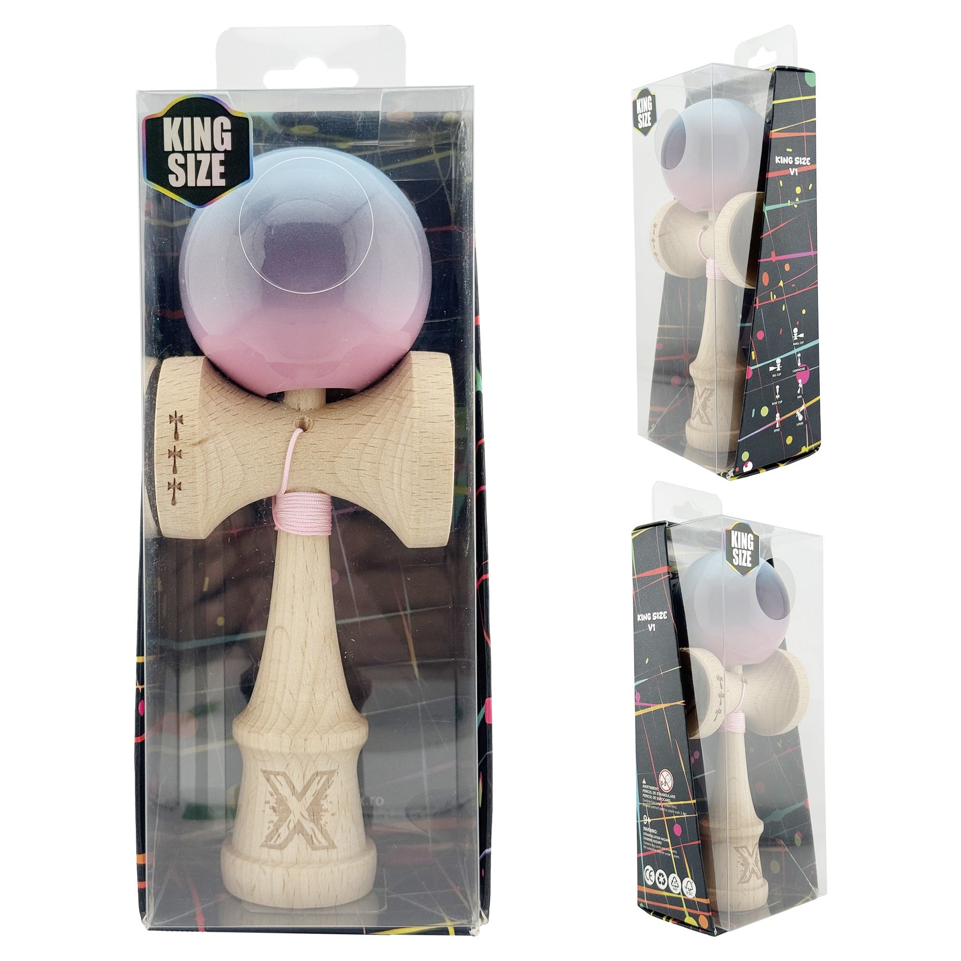 Kendama X Originala, Model Albastru Deschis / Mov / Roz in Degrade, Profesionala, Cupe Mari, Super Sticky, Rulment, Ata 55cm