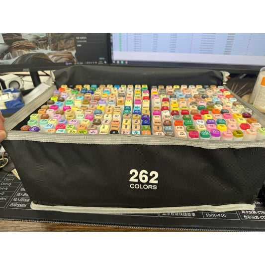 Set 262 Markere Profesionale, Dublu Capat Subtire 1mm si Lat 6mm, Corp Ergonomic Alb, Geanta Depozitare Oxford, Multicolor