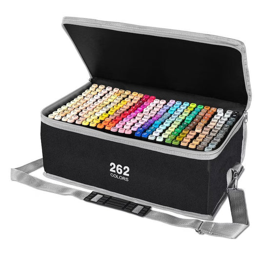 Set 262 Markere Profesionale, Dublu Capat Subtire 1mm si Lat 6mm, Corp Ergonomic Alb, Geanta Depozitare Oxford, Multicolor