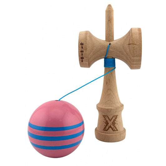 Kendama X Originala, Model Roz cu Linii Albastre, Profesionala, Legendary, Cupe Mari, Super Sticky, Rulment, Ata 55cm